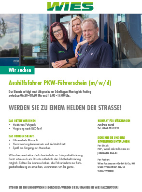 Stellenanzeige Aushilfsfahrer PkW-Führerschein (m/w/d)